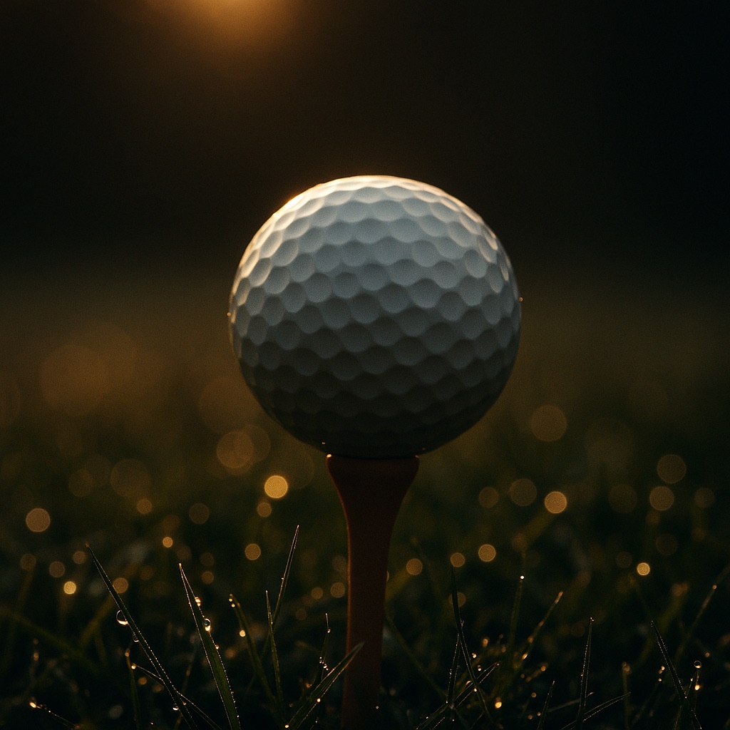 Golf ball on tee in morning dew